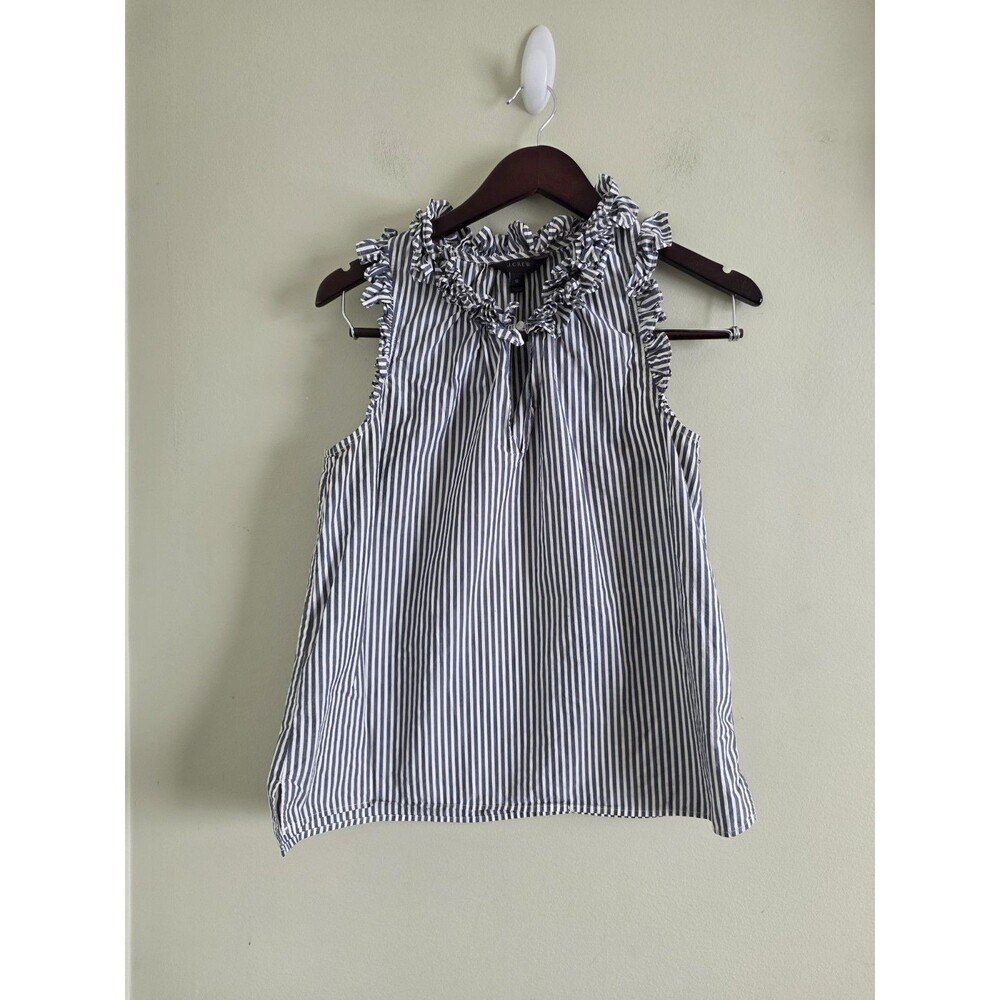 J. CREW RUFFLEneck TOP IN STRIPED COTTON POPLIN SZ 10 Sleeveless Classic Trendy